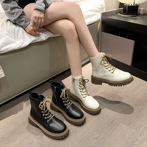 厚底ショートブーツ 韓国 編み上げブーツ トラックソールブーツ レディース 歩きやすいレースアップシューズ 痛くないアンクルブーツ サイドファスナー カジュアル靴 87TTMY-004