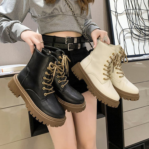 厚底ショートブーツ 韓国 編み上げブーツ トラックソールブーツ レディース 歩きやすいレースアップシューズ 痛くないアンクルブーツ サイドファスナー カジュアル靴 87TTMY-004