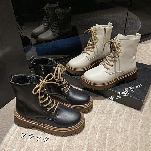厚底ショートブーツ 韓国 編み上げブーツ トラックソールブーツ レディース 歩きやすいレースアップシューズ 痛くないアンクルブーツ サイドファスナー カジュアル靴 87TTMY-004