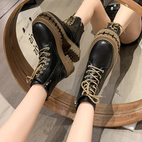 厚底ショートブーツ 韓国 編み上げブーツ トラックソールブーツ レディース 歩きやすいレースアップシューズ 痛くないアンクルブーツ サイドファスナー カジュアル靴 87TTMY-004