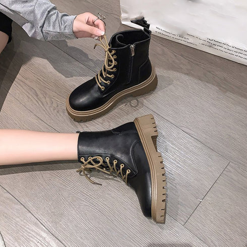 厚底ショートブーツ 韓国 編み上げブーツ トラックソールブーツ レディース 歩きやすいレースアップシューズ 痛くないアンクルブーツ サイドファスナー カジュアル靴 87TTMY-004