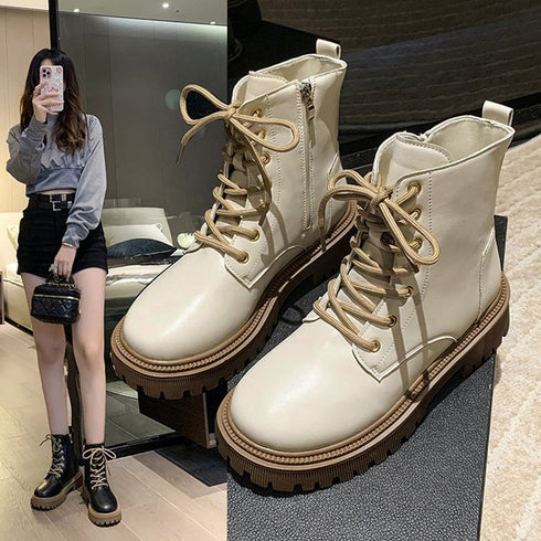 厚底ショートブーツ 韓国 編み上げブーツ トラックソールブーツ レディース 歩きやすいレースアップシューズ 痛くないアンクルブーツ サイドファスナー カジュアル靴 87TTMY-004
