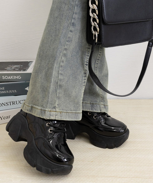 厚底ローファー韓国 レースアップシューズ レディース ドレスシューズ 美脚脚長 ボリュームソール 歩きやすい 合皮厚底靴 編み上げ レザー調カジュアル 厚底5cm 87TTMY-006