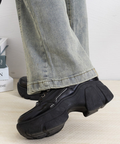 厚底ローファー韓国 レースアップシューズ レディース ドレスシューズ 美脚脚長 ボリュームソール 歩きやすい 合皮厚底靴 編み上げ レザー調カジュアル 厚底5cm 87TTMY-006