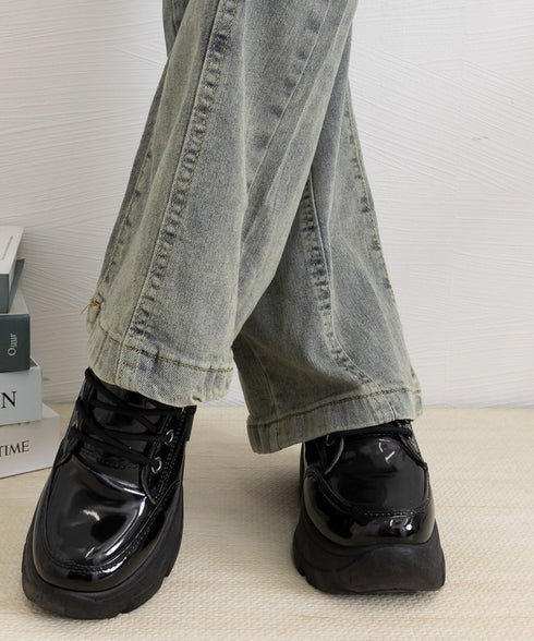 厚底ローファー韓国 レースアップシューズ レディース ドレスシューズ 美脚脚長 ボリュームソール 歩きやすい 合皮厚底靴 編み上げ レザー調カジュアル 厚底5cm 87TTMY-006