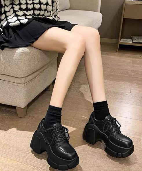 厚底ローファー韓国 レースアップシューズ レディース ドレスシューズ 美脚脚長 ボリュームソール 歩きやすい 合皮厚底靴 編み上げ レザー調カジュアル 厚底5cm 87TTMY-006