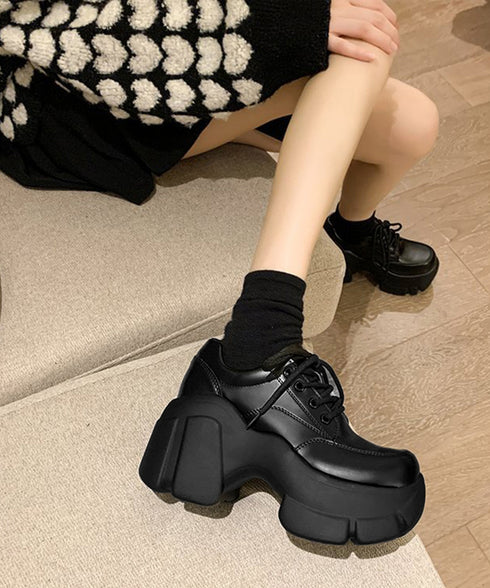 厚底ローファー韓国 レースアップシューズ レディース ドレスシューズ 美脚脚長 ボリュームソール 歩きやすい 合皮厚底靴 編み上げ レザー調カジュアル 厚底5cm 87TTMY-006