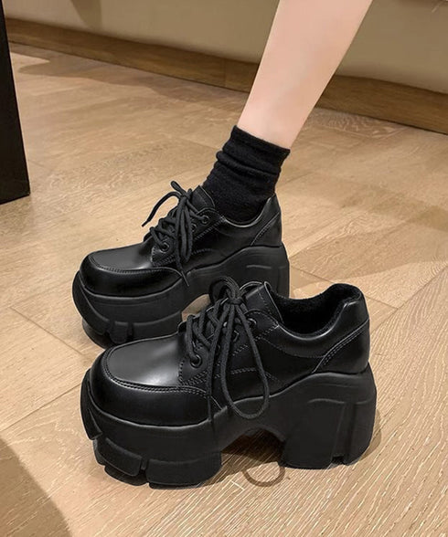 厚底ローファー韓国 レースアップシューズ レディース ドレスシューズ 美脚脚長 ボリュームソール 歩きやすい 合皮厚底靴 編み上げ レザー調カジュアル 厚底5cm 87TTMY-006