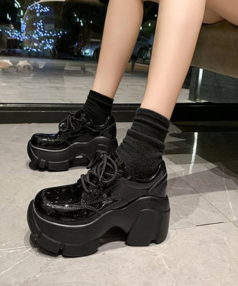 厚底ローファー韓国 レースアップシューズ レディース ドレスシューズ 美脚脚長 ボリュームソール 歩きやすい 合皮厚底靴 編み上げ レザー調カジュアル 厚底5cm 87TTMY-006