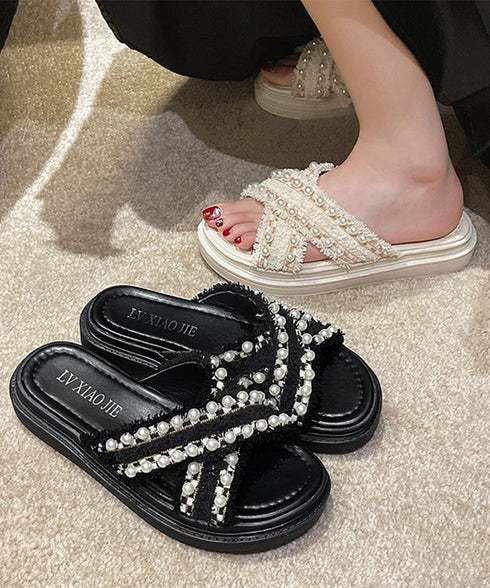 厚底サンダル パール付き クロスサンダル レディース 韓国 真珠付きサンダル お洒落 大人可愛いシューズ 歩きやすいフラットサンダル 軽量スリッパ ビーチサンダル 87TTMY-007