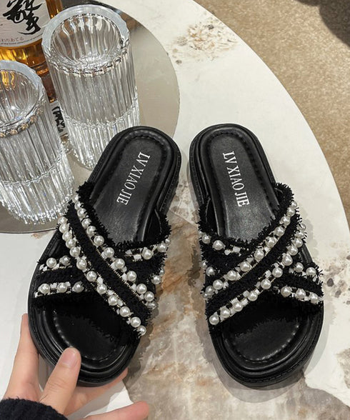 厚底サンダル パール付き クロスサンダル レディース 韓国 真珠付きサンダル お洒落 大人可愛いシューズ 歩きやすいフラットサンダル 軽量スリッパ ビーチサンダル 87TTMY-007
