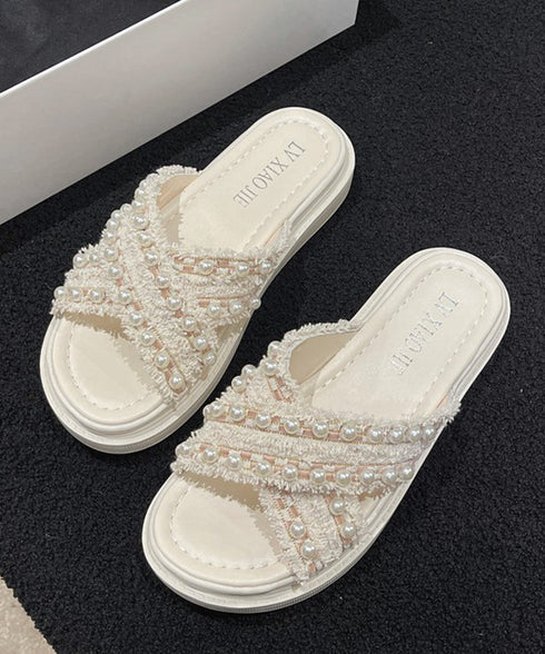 厚底サンダル パール付き クロスサンダル レディース 韓国 真珠付きサンダル お洒落 大人可愛いシューズ 歩きやすいフラットサンダル 軽量スリッパ ビーチサンダル 87TTMY-007