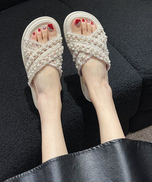 厚底サンダル パール付き クロスサンダル レディース 韓国 真珠付きサンダル お洒落 大人可愛いシューズ 歩きやすいフラットサンダル 軽量スリッパ ビーチサンダル 87TTMY-007