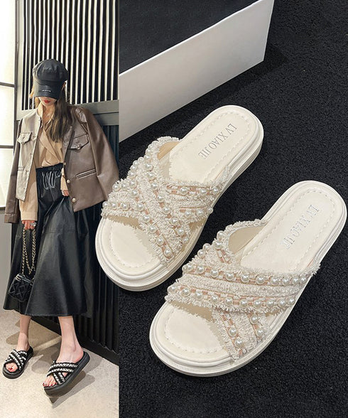 厚底サンダル パール付き クロスサンダル レディース 韓国 真珠付きサンダル お洒落 大人可愛いシューズ 歩きやすいフラットサンダル 軽量スリッパ ビーチサンダル 87TTMY-007