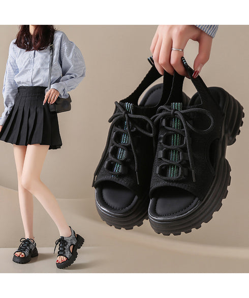 厚底スポーツサンダル レディース 韓国風 ボリュームソールコンフォートサンダル美脚脚長 歩きやすい カジュアル ニットサンダル 履きやすい靴春夏 軽量くつ 通気性 87TTMY-009