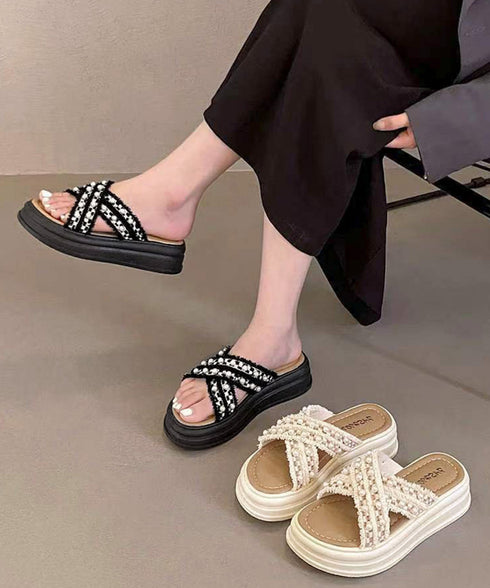 厚底サンダルパール付クロスサンダル韓国風 レディース ツイードサマーサンダル 美脚 歩きやすいビーチサンダル 大人可愛い夏靴 履きやすい 真珠付きサンダルおしゃれ 87TTMY-012