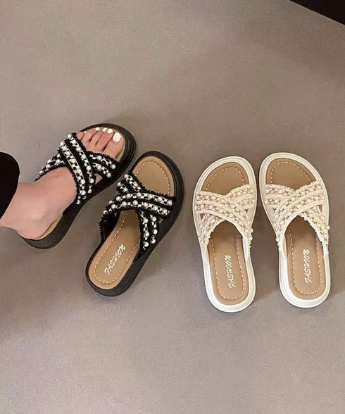 厚底サンダルパール付クロスサンダル韓国風 レディース ツイードサマーサンダル 美脚 歩きやすいビーチサンダル 大人可愛い夏靴 履きやすい 真珠付きサンダルおしゃれ 87TTMY-012