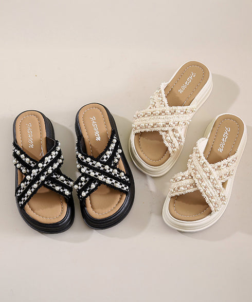 厚底サンダルパール付クロスサンダル韓国風 レディース ツイードサマーサンダル 美脚 歩きやすいビーチサンダル 大人可愛い夏靴 履きやすい 真珠付きサンダルおしゃれ 87TTMY-012