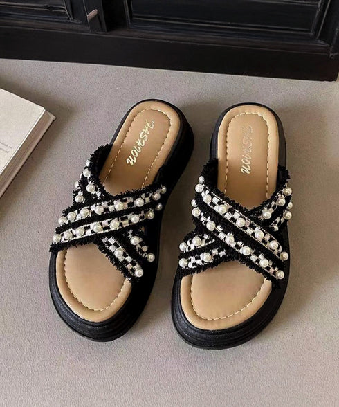 厚底サンダルパール付クロスサンダル韓国風 レディース ツイードサマーサンダル 美脚 歩きやすいビーチサンダル 大人可愛い夏靴 履きやすい 真珠付きサンダルおしゃれ 87TTMY-012