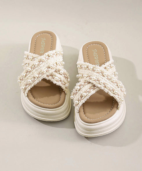 厚底サンダルパール付クロスサンダル韓国風 レディース ツイードサマーサンダル 美脚 歩きやすいビーチサンダル 大人可愛い夏靴 履きやすい 真珠付きサンダルおしゃれ 87TTMY-012