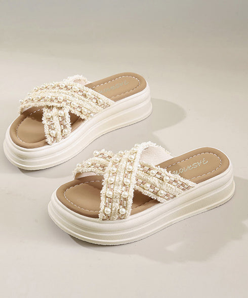 厚底サンダルパール付クロスサンダル韓国風 レディース ツイードサマーサンダル 美脚 歩きやすいビーチサンダル 大人可愛い夏靴 履きやすい 真珠付きサンダルおしゃれ 87TTMY-012