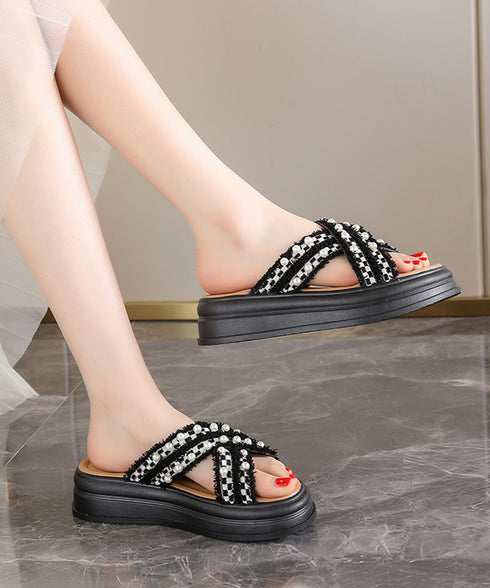 厚底サンダルパール付クロスサンダル韓国風 レディース ツイードサマーサンダル 美脚 歩きやすいビーチサンダル 大人可愛い夏靴 履きやすい 真珠付きサンダルおしゃれ 87TTMY-012