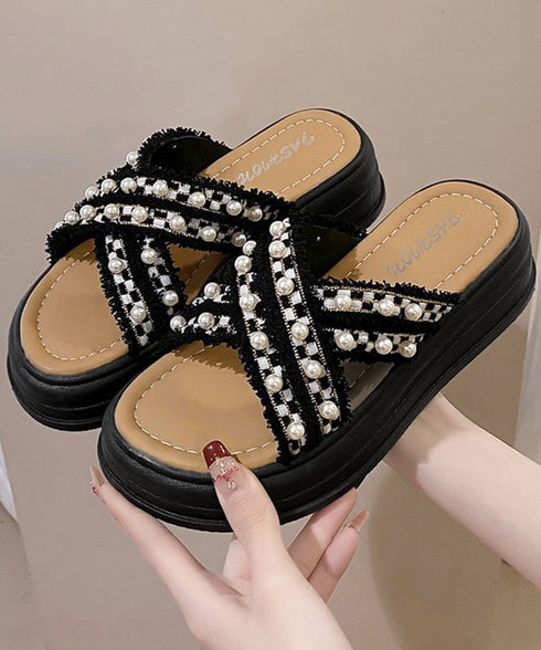 厚底サンダルパール付クロスサンダル韓国風 レディース ツイードサマーサンダル 美脚 歩きやすいビーチサンダル 大人可愛い夏靴 履きやすい 真珠付きサンダルおしゃれ 87TTMY-012