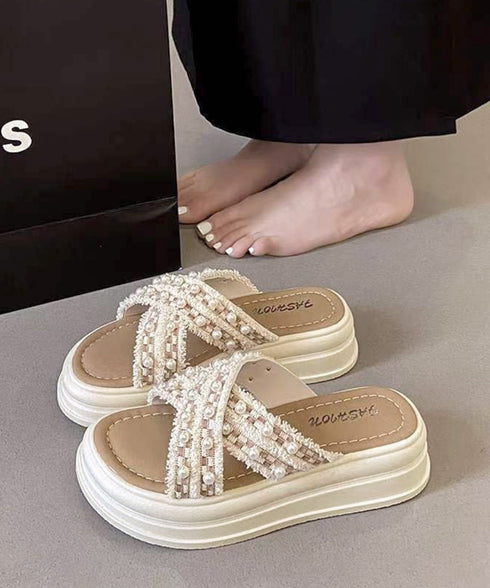 厚底サンダルパール付クロスサンダル韓国風 レディース ツイードサマーサンダル 美脚 歩きやすいビーチサンダル 大人可愛い夏靴 履きやすい 真珠付きサンダルおしゃれ 87TTMY-012