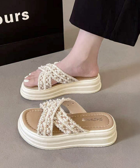 厚底サンダルパール付クロスサンダル韓国風 レディース ツイードサマーサンダル 美脚 歩きやすいビーチサンダル 大人可愛い夏靴 履きやすい 真珠付きサンダルおしゃれ 87TTMY-012