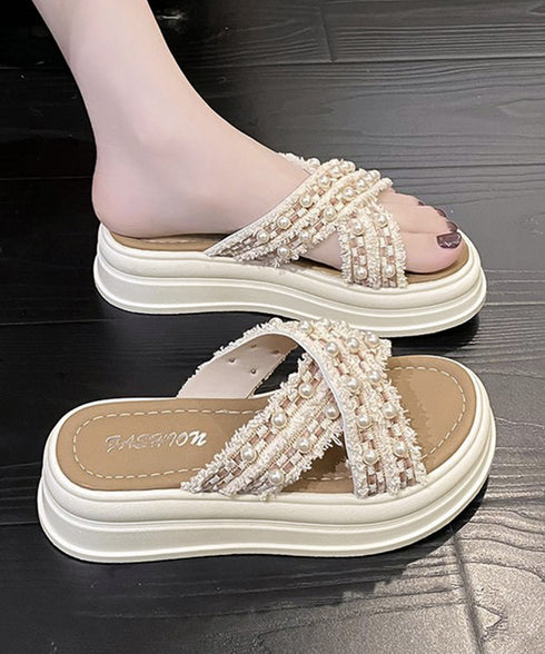 厚底サンダルパール付クロスサンダル韓国風 レディース ツイードサマーサンダル 美脚 歩きやすいビーチサンダル 大人可愛い夏靴 履きやすい 真珠付きサンダルおしゃれ 87TTMY-012