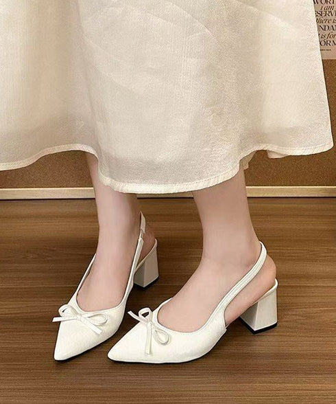リボン付きパンプスポインテッドトゥ韓国風 上品ドット柄パンプス チャンキーヒール 美脚見え春夏シューズレディース オフィスカジュアル バックストラップ靴歩きやすい 87TTMY-015