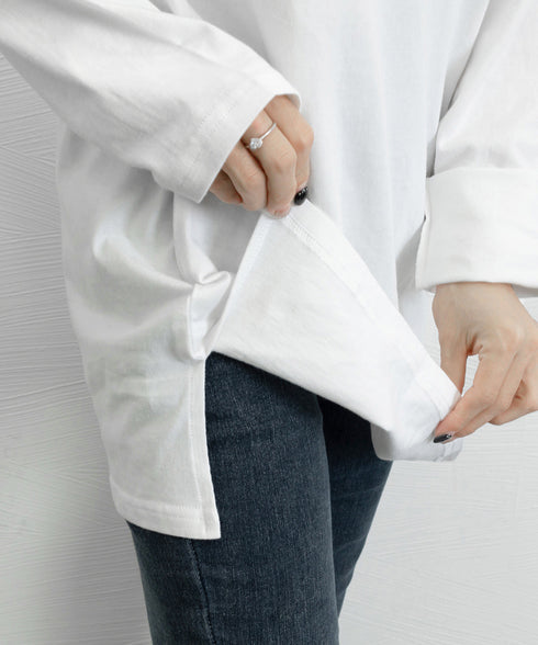 レディースロングtシャツ重ね着カットソー 暖かい サイドスリットTシャツ ゆったり ドロップショルダートップス 無地長袖白Tシャツ 韓国風カットソー 着回し春秋冬 87WEIMEI-001