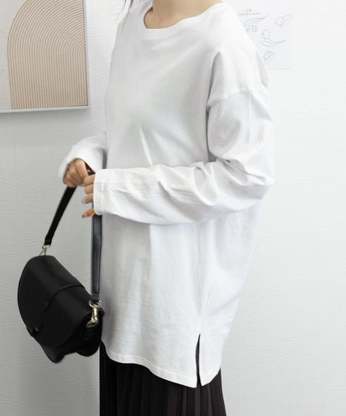 レディースロングtシャツ重ね着カットソー 暖かい サイドスリットTシャツ ゆったり ドロップショルダートップス 無地長袖白Tシャツ 韓国風カットソー 着回し春秋冬 87WEIMEI-001