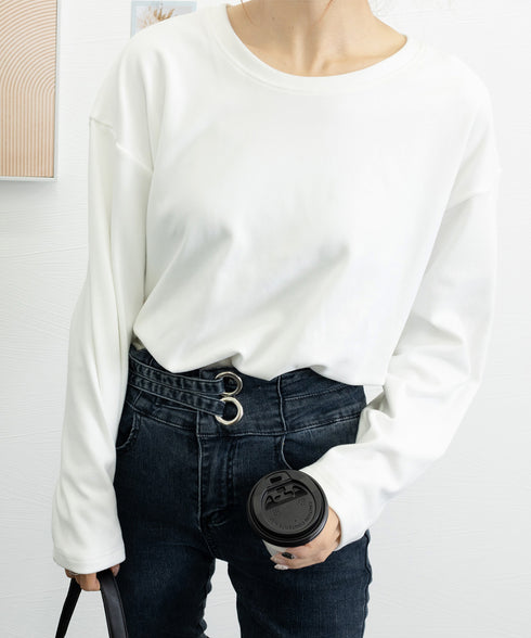 レディースロングtシャツ重ね着カットソー 暖かい サイドスリットTシャツ ゆったり ドロップショルダートップス 無地長袖白Tシャツ 韓国風カットソー 着回し春秋冬 87WEIMEI-001