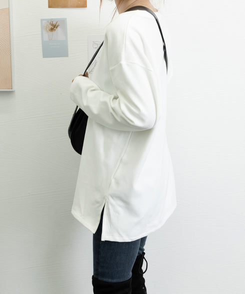 レディースロングtシャツ重ね着カットソー 暖かい サイドスリットTシャツ ゆったり ドロップショルダートップス 無地長袖白Tシャツ 韓国風カットソー 着回し春秋冬 87WEIMEI-001