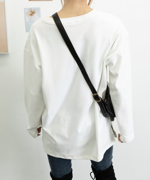 レディースロングtシャツ重ね着カットソー 暖かい サイドスリットTシャツ ゆったり ドロップショルダートップス 無地長袖白Tシャツ 韓国風カットソー 着回し春秋冬 87WEIMEI-001