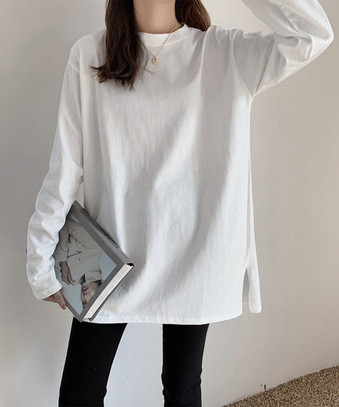レディースロングtシャツ重ね着カットソー 暖かい サイドスリットTシャツ ゆったり ドロップショルダートップス 無地長袖白Tシャツ 韓国風カットソー 着回し春秋冬 87WEIMEI-001