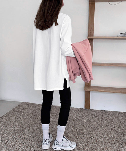 レディースロングtシャツ重ね着カットソー 暖かい サイドスリットTシャツ ゆったり ドロップショルダートップス 無地長袖白Tシャツ 韓国風カットソー 着回し春秋冬 87WEIMEI-001