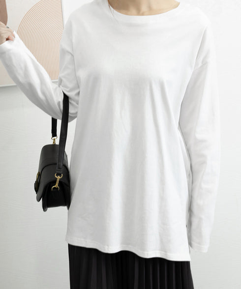 レディースロングtシャツ重ね着カットソー 暖かい サイドスリットTシャツ ゆったり ドロップショルダートップス 無地長袖白Tシャツ 韓国風カットソー 着回し春秋冬 87WEIMEI-001