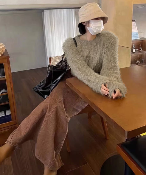 シャギーニットレディース 韓国風セーター ショート丈ニットトップス 秋冬 ふわふわモヘアトップス 長袖ニットソー オシャレプルオーバー クルーネックニットセーター 87WY-001