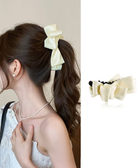 バナナクリップ ビッグリボンヘアクリップ 上品サテンリボンヘアアクセサリー 大人可愛い華やか髪留めバレエコア きれいめまとめ髪大人フェミニンしっかり留まるクリップ 87XIANING-001