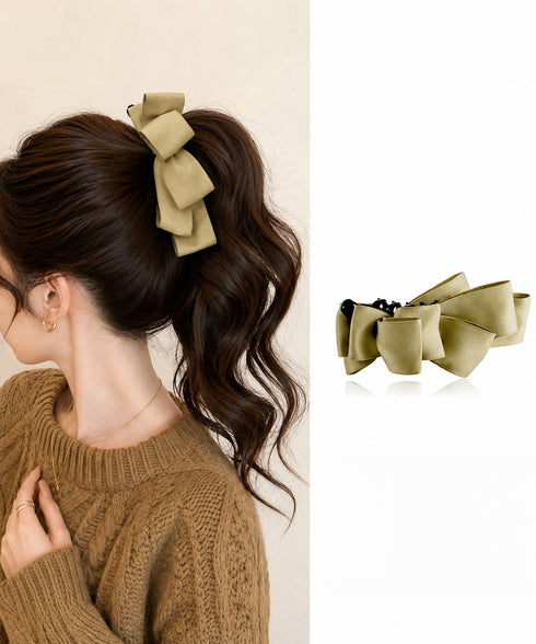 バナナクリップ ビッグリボンヘアクリップ 上品サテンリボンヘアアクセサリー 大人可愛い華やか髪留めバレエコア きれいめまとめ髪大人フェミニンしっかり留まるクリップ 87XIANING-001