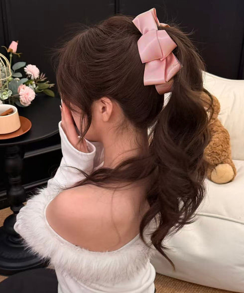 バナナクリップ ビッグリボンヘアクリップ 上品サテンリボンヘアアクセサリー 大人可愛い華やか髪留めバレエコア きれいめまとめ髪大人フェミニンしっかり留まるクリップ 87XIANING-001