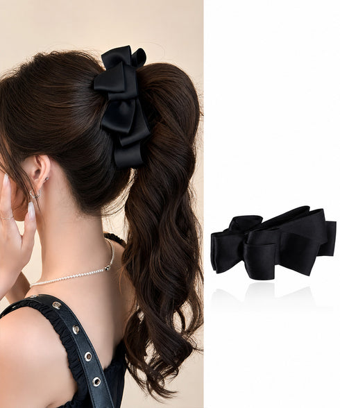 バナナクリップ ビッグリボンヘアクリップ 上品サテンリボンヘアアクセサリー 大人可愛い華やか髪留めバレエコア きれいめまとめ髪大人フェミニンしっかり留まるクリップ 87XIANING-001