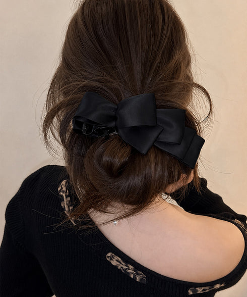 バナナクリップ ビッグリボンヘアクリップ 上品サテンリボンヘアアクセサリー 大人可愛い華やか髪留めバレエコア きれいめまとめ髪大人フェミニンしっかり留まるクリップ 87XIANING-001