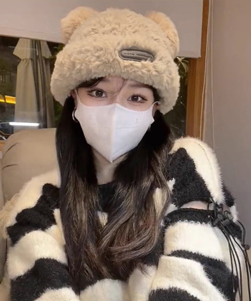 くま耳帽子 ボアハット 韓国 暖かい帽子 小顔ファー帽子 レディース 大人可愛いモコモコ アニマル帽子 ふわふわ 秋冬防寒ぼうし 裏起毛 あったか便利グッズ 旅行 87XIBO-001