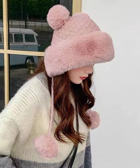 ダブルポンポンニット帽子 ファー帽子韓国 暖かいニット帽子レディース 防風保温防寒帽子 小顔見せ もこもこ裏起毛帽子 ふわふわファーハット 厚手帽子冬 大人可愛い 87XIBO-002