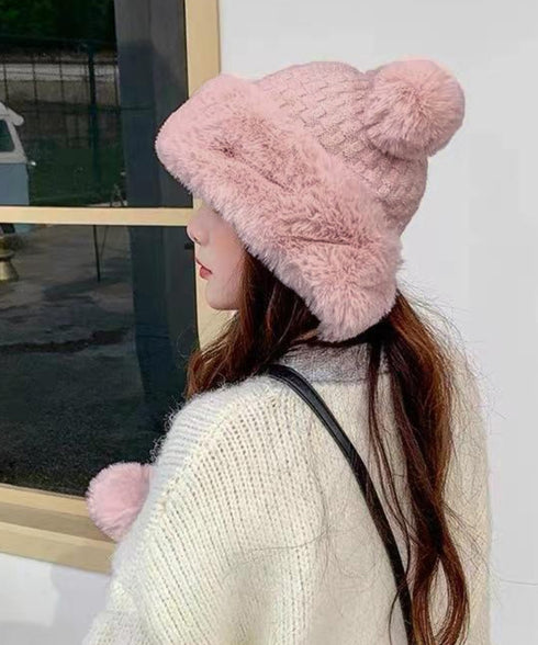 ダブルポンポンニット帽子 ファー帽子韓国 暖かいニット帽子レディース 防風保温防寒帽子 小顔見せ もこもこ裏起毛帽子 ふわふわファーハット 厚手帽子冬 大人可愛い 87XIBO-002