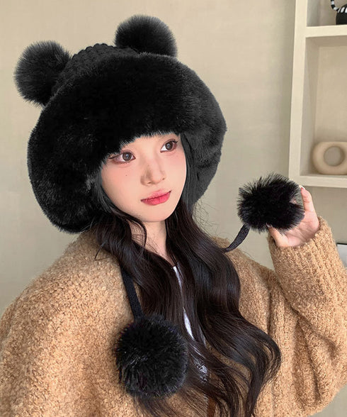 ダブルポンポンニット帽子 ファー帽子韓国 暖かいニット帽子レディース 防風保温防寒帽子 小顔見せ もこもこ裏起毛帽子 ふわふわファーハット 厚手帽子冬 大人可愛い 87XIBO-002
