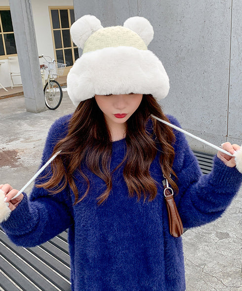 ダブルポンポンニット帽子 ファー帽子韓国 暖かいニット帽子レディース 防風保温防寒帽子 小顔見せ もこもこ裏起毛帽子 ふわふわファーハット 厚手帽子冬 大人可愛い 87XIBO-002